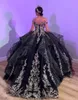 Quinceanera Dresses Black Sequined Party Prom Ball Gown 3D Floral Appliques Custom Zipper Lace Up Plus Size New Beaded Off-Shoulder Silver Applique