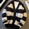 Men's Sweaters Winter Black White Striped Contrast V-neck Sweater Loose Casual High Street Knitted Cardigan Jackets Men Tops Male Clothes