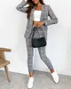 Women's Two Piece Pants 2-piece Set Office Lady Suit Plaid Print Shawl Neck Blazer Coat And Drawstring Pencil