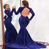 Spistly Shine Sene Sequin Prom Платье Королевское синее русалка без спины вечерние платья с длинными рукава