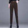 Spodnie damskie Chenille Autumn and Winter Fashion Pockets Solidny kolor pionowy pasek wysokiej talii Slim Fit wąska prosta noga