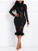 Casual Dresses Women Black Glitter Luxury BodyCon Party Dress O Neck Long Sleeve Mante Feather Hems Formell Evening Celebrate Prom Event