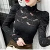 Camas femininas Turtleneck elegante dobra dobra os babados oco para a blusa de renda feminino roupas 2023 Pulloves casuais casuais de outono coreano coreano