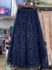 Skirts French Chic for Women Mesh Patchwork 3D Floral A-Line Female Long Skirt Ladies High Waist Onnipotente Drop
