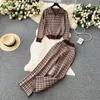 Women's Two Piece Pants SINGREINY American Retro Sweater Suits Zipper Polo Collar Loose Pullover Wide Legs Long Winter Thick Geometric Women