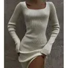 Vestidos casuais Office Moda Office de manga comprida Solid Solid High Dress Sexy Mulheres Autumn Slim Square Neck Split Sweater Vestidos 30178