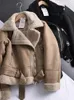 Traf Winter Vrouwen Dikke Warme Suede Lamsjack Korte Motorfiets Bruine Jassen Faux Shearling Schapenvacht Lederen Jassen Uitloper 231225