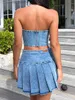 Two Piece Dress Women Blue Denim 2 Piece Skirt Set Sexy Cropped Strapless Tube Top and Pleated Short Skirt Set Summer Party Club Outfits L231225