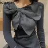 Women's T Shirts Ezgaga Elegant Crop Tops Women Bow Diagonal Collar Long Sleeve 2023 Winter Ins Fashion Chic Basic Female Casual