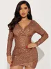 Casual Dresses Idress 2024 Sexig Sparkly Bodycon Dress for Women Long Sleeve V Neck Ruched paljett Cocktail Birthday Party Club Night