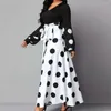 Casual jurken hoge taille maxi jurk ruches decoratie v nek dot print met patchwork veter-up dames