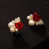 Orecchini floreali con borchie Bellissima rosa rossa imitazione Crystal Girl Pearl Simple Ear Jewelry Gift278P