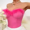 Женские танки Bkld 2024 Summer Rose Red Sexy Sexy Sexy Fauxe Fur без бретелек с узкой укороченной наставлением на вечеринке на вечеринке с основных жилетов с плеча