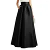 Kjolar kvinnor hög midje kjol elegant vintage satin maxi med fickor för a-line golvlängd fast höst