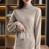 23 Pullover 100% Wool Ladies Dress Solid Color Långärmad stickad mode Slim Long High-Neck Cashmere Dress Sweater 231225