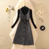 Tweedelige jurkset dames herfst winter effen basis trui en mouwloze knielange geruite tweed jurken pakken met riem 231225