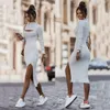 Sexy Bodycon -Kleid elegante lässige Bodycon lange Ärmel hoher Ausschnitt Strickgeschnittenes Midi -Kleid Rippen Midi Pullover Kleid 231225
