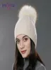ENJOYFUR Wintermütze mit Fellbommel für Damen, Mütze aus Kaschmirwolle, Baumwolle, Big Real Waschbärfellbommel, Mütze, Bommel7093150