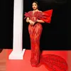 African Nigeria Plus Size Prom Dresses Long Red Tulle Mermaid Lace Beaded Evening Formal Dress for Special Occasions Black Girls Birthday Party Gown AM265