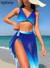 Conjunto de biquínis VigoBreviya Sexy Imprimir 3 peças Saia Smock Bikini Set Swimwear Mulheres 2023 Strapped Push Up Swimsuit Backless Beach Bathing SuitL231225