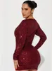 Casual Dresses Idress 2024 Sexig Sparkly Bodycon Dress for Women Long Sleeve V Neck Ruched paljett Cocktail Birthday Party Club Night