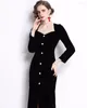 Casual Dresses Black Velvet Dress for Women in Autumn and Winter French High-End Design Sense V-Neck-knappen Split Slimming Exquis