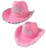Cappelli a tesa larga Cowgirl rosa per le donne Cow Girl con collo a tiara Disegna cordino in feltro Accessori per costumi da cowboy Cappello da festa Vestito da gioco 2423036
