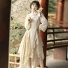 Ethnic Clothing Autumn Chinese Style Beige Stand Collar Irregular Lace Splicing Long Sleeved Tang Suit Top Skirt Women Elegant Party Dress