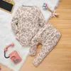 Kläder sätter 2st nyfödda klädflicka baby långärmad romper byxor tryck set baby söt set bekväm tyg 0-2 år gammal