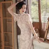 Etniska klädspetsar elegant kinesisk stil cheongsam kvinnor qipao traditionell mandarin krage fest klänning sommar bankettklänning kläder