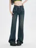 Americano retro cintura baixa reta bootcut jeans estilo cintura botão design solto floorlength esfregar calças para mulher 231225