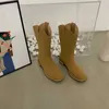Boots popular internet celebrity style simple and fashionable versatile high heeled soft leather round toe thick mid length boots 230830