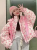 Women's Trench Coats Pink Floral Winter Parka Coat Hooded Thickened Warm Fashion Cotton Jacket Korean Style Loose Quilted