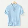 Camisetas masculinas de estilo chinês Fuzi Discos de fivela casual Camiseta curta Harajuku linho de verão confortável clássico de cor sólida de cor sólida