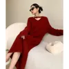 Casual Dresses Sweater Dress For Women Autumn Elegant V Neck Long Sleeve Warm Loose Straight Knitted Robe Clothing T760