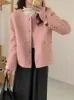 Zoki Fashion Pink Tweed Jacket Mulheres francesas elegantes tampos de manga longa outono inverno doce o pescoço da senhora casaco de trespassado 231222