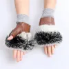 Women's Genuine Sheep Skin Winter Warm Fingerless Gloves Real Rabbit Fur Cuffs Half Finger Typing Mittens Mitts Fleece Lining 231222