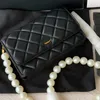 Woc Fashion Women Pearl Chain Bag Shoulder Bag Leather Diamond Gold Hardware Metal Buckle Luxury Handbag Crossbody Bag Dinner Dress Bag Card Holder Bags Sacoche 19cm