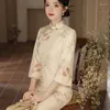 Vêtements ethniques littéraires rétro artistiques slim fit cheongsam femmes doucement élégant tempérament traditionnel chinois robe automne plus taille qipao