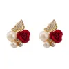 Orecchini floreali con borchie Bellissima rosa rossa imitazione Crystal Girl Pearl Simple Ear Jewelry Gift278P