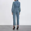 2024 Dames Denim Jumpsuits Solid Color Buttons Down Collar Long Playsuit Volledige lengte jeans rompers overalls 231222