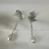 MeiBaPJ 1011mm Natural White Rice Pearls Fashion Bow Long Chain Drop Earrings 925 Silver Fine Wedding Jewelry for Women 231225