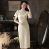 Etniska klädspetsar elegant kinesisk stil cheongsam kvinnor qipao traditionell mandarin krage fest klänning sommar bankettklänning kläder