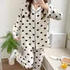 Kvinnors sömnkläder storlek kostym Spring Cartoon Cardigan Pyjamas Thin Outwear Sweet Lapel Home Autumn Casual Set and Cotton Bubble Plus Small