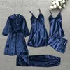 Women's Sleepwear 5PC Silk Robe Sleep Suit Womens Lace Satin Pajamas Gown Set V-Neck Cami Nighties Wear Pijama Home Nightwear Spring