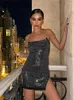 Casual Dresses Zenaide paljetter Halter Neck Slitklänning Backless Sexy Glitter Chains Bodycon Mini Party Eveing ​​Women 2023