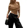 Women's T Shirts Long Sleeve Cropped Top Solid Color Off Shoulder Boat Neck Sheer Mesh T-Shirt Spring Fit Streetwear