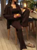Malha pit camisola cardigan calças terno feminino outono lapela botão camisas de manga longa conjunto feminino casual calça reta outfit 231225