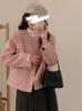 Zoki Fashion Pink Tweed Jacket Women French Elegant Lengeve Tops Fall Winter Sweet O Neck Office Lad