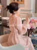 2023 Autumn Chiffon Sequined Midi Dres Pink Ruffles Chic Elegant Long Sleeve Female Casual Sweet Korean Style 231225